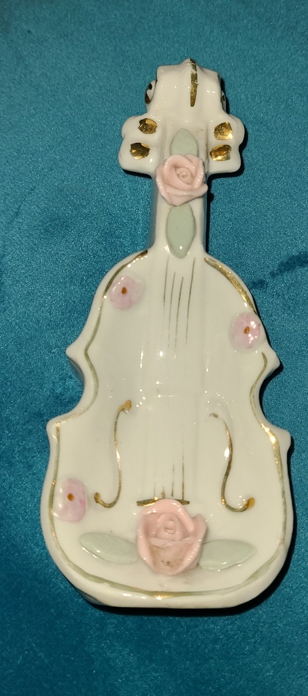 Vtg Mid Century Flowered Hand Painted Bone China Violin Trinket Dish